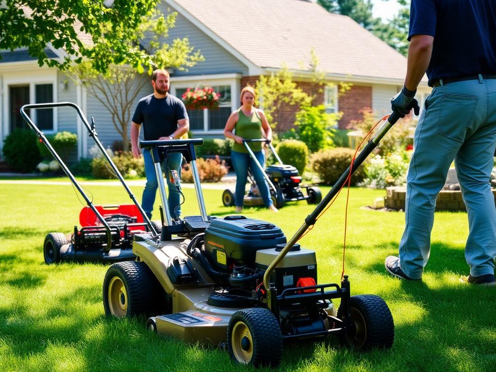 Local landscaping crew working on a residential lawn